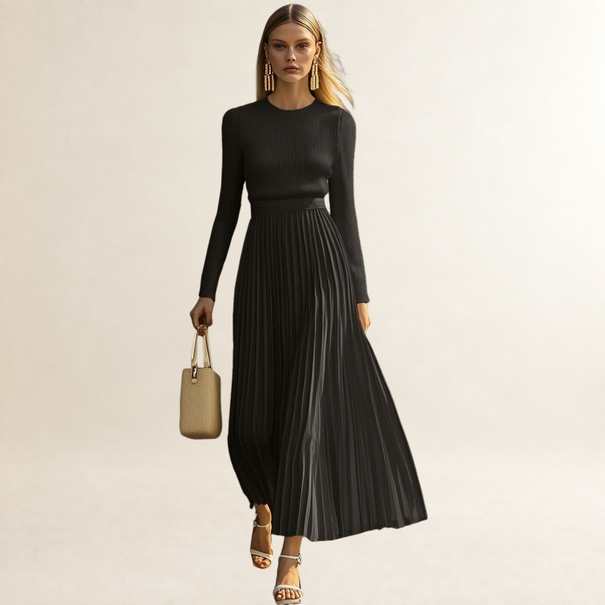 Vestido maxi mujer con mangas largas, falda plisada y corte ajustado