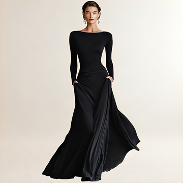 Vestido Maxi Mujer Cuello Barco Mangas Largas Cintura Arrugada y Falda Amplia con Bolsillos