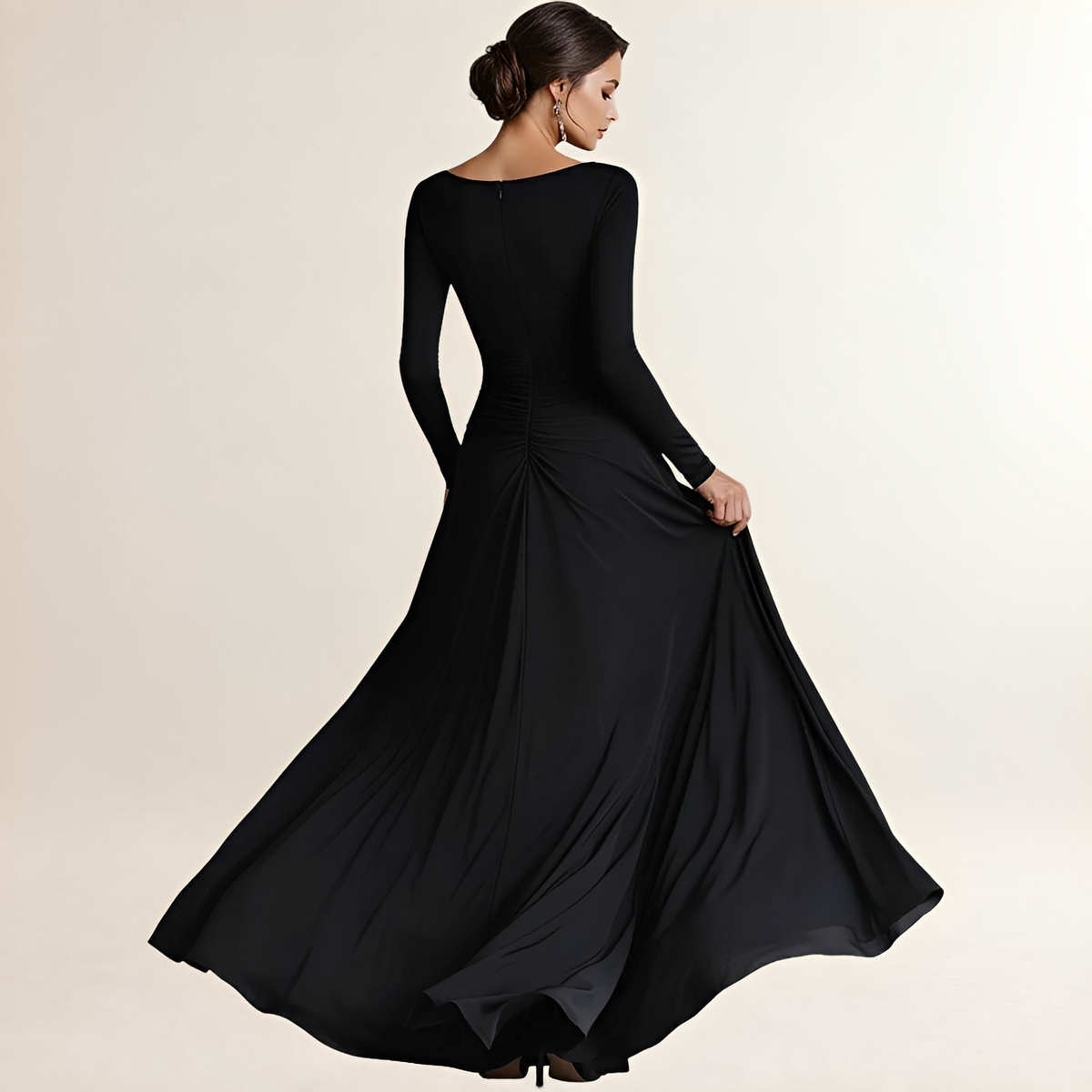 Vestido Maxi Mujer Cuello Barco Mangas Largas Cintura Arrugada y Falda Amplia con Bolsillos
