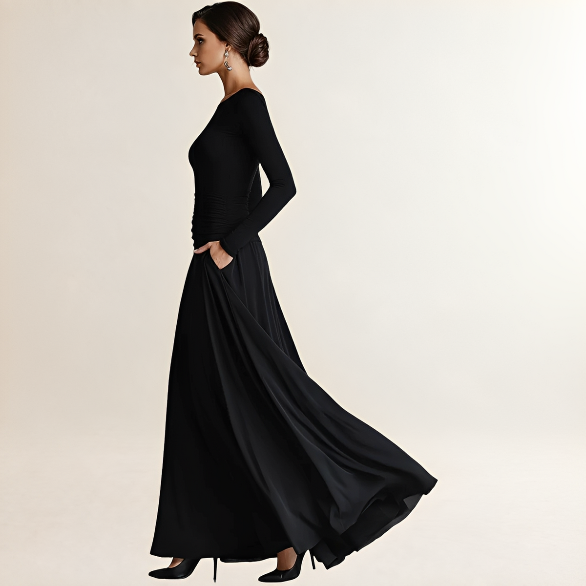 Vestido Maxi Mujer Cuello Barco Mangas Largas Cintura Arrugada y Falda Amplia con Bolsillos