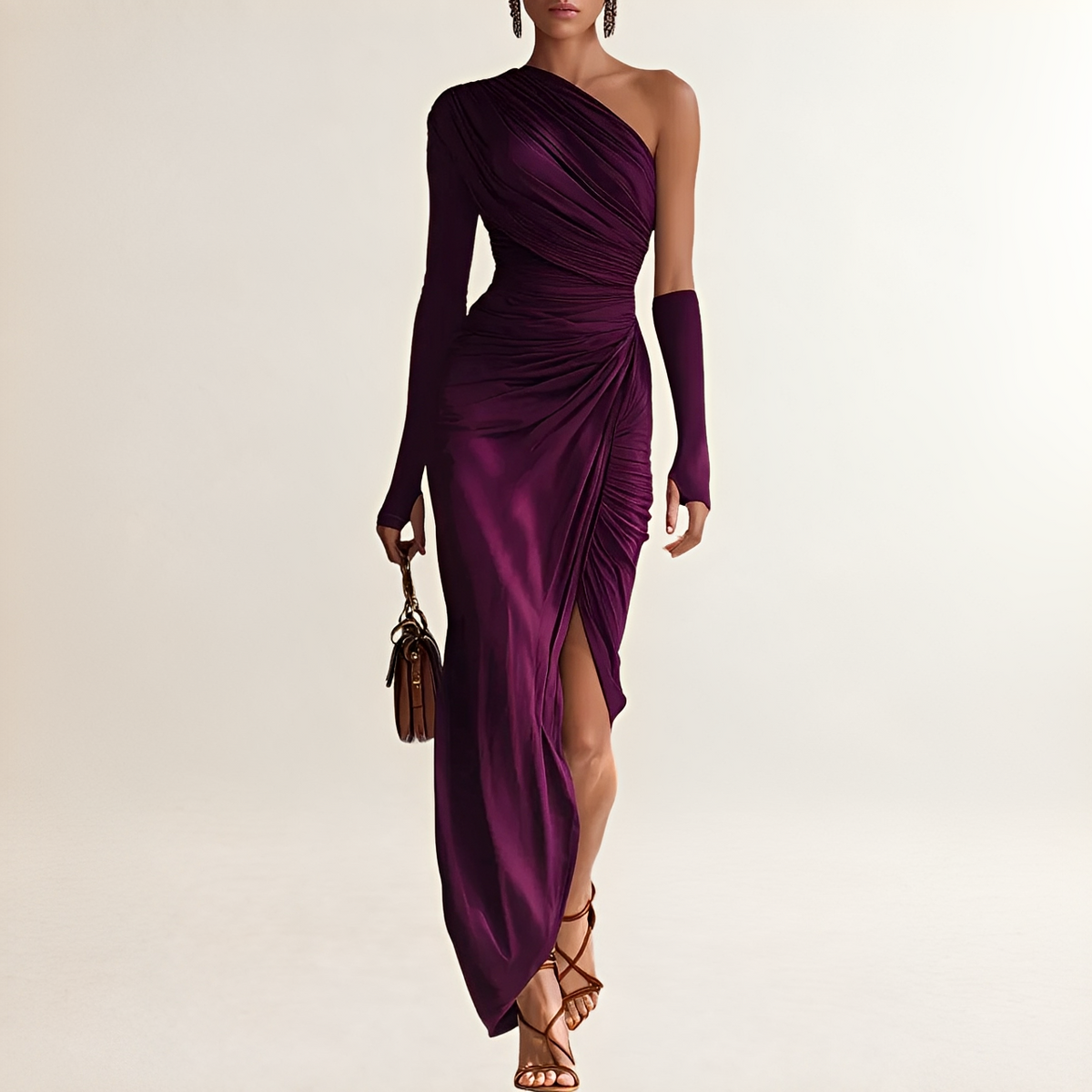 Vestido maxi mujer de un solo hombro con manga larga y abertura lateral