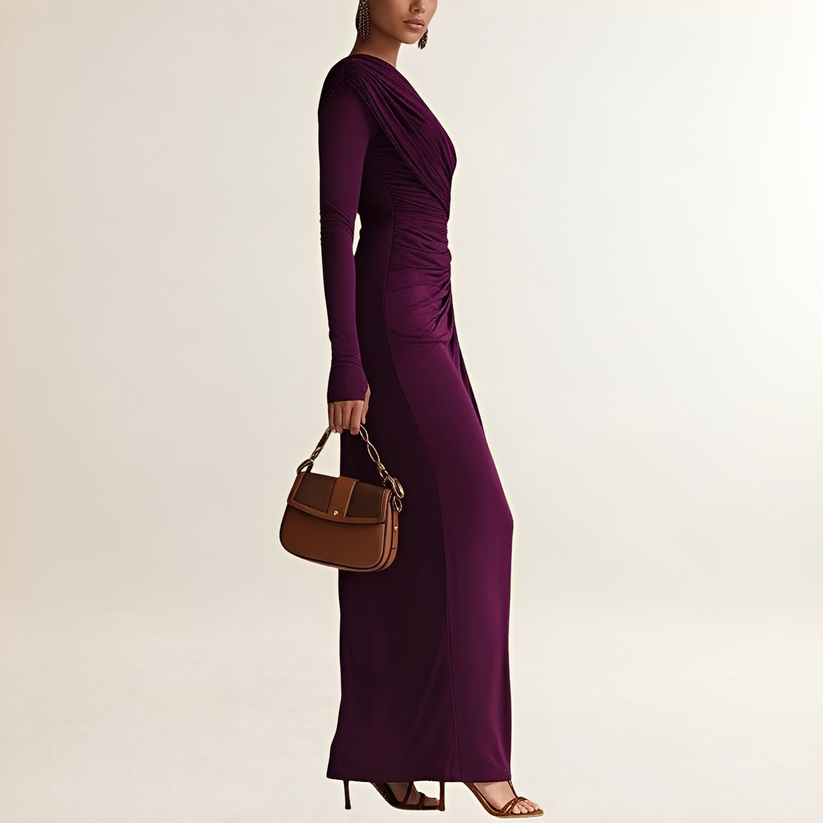 Vestido maxi mujer de un solo hombro con manga larga y abertura lateral