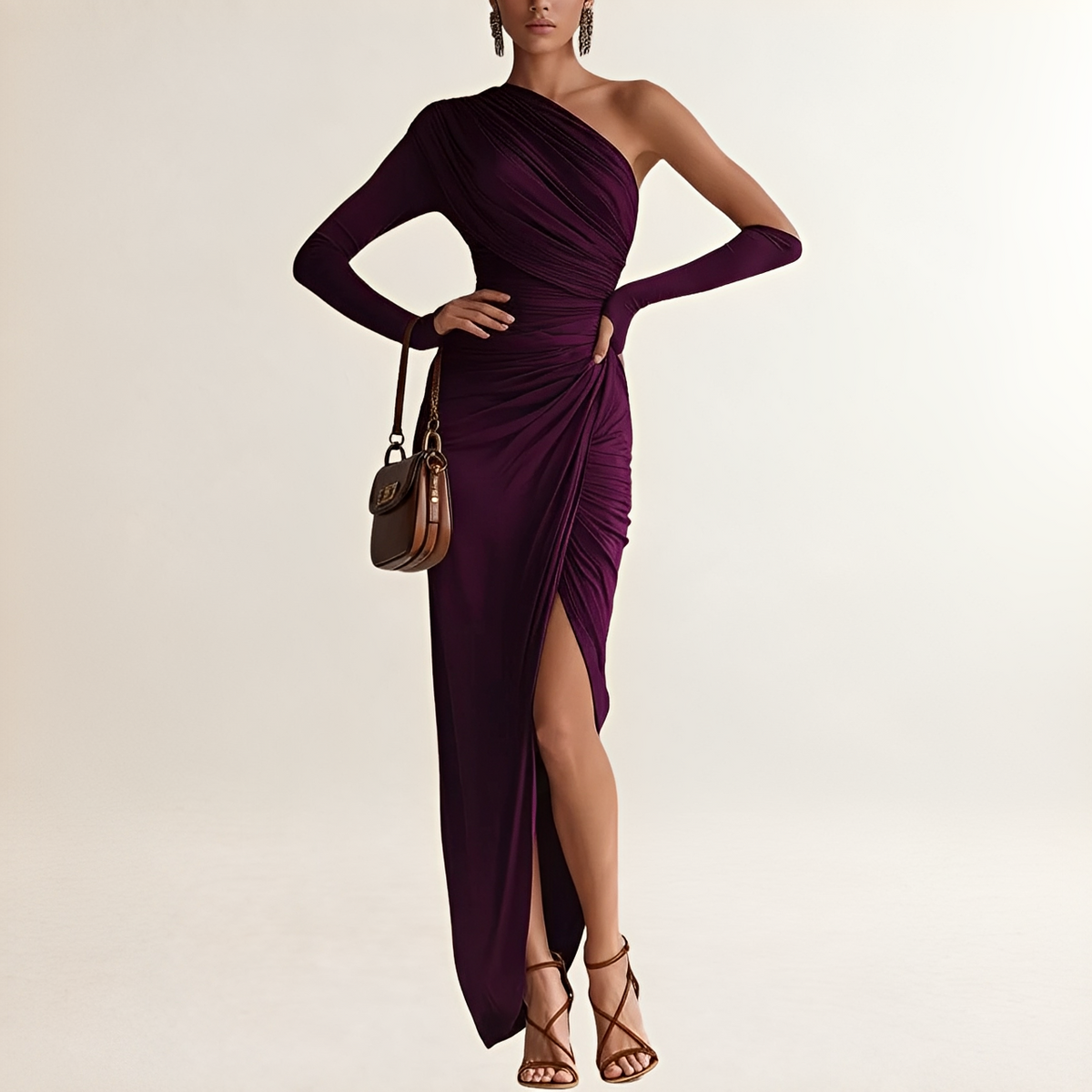 Vestido maxi mujer de un solo hombro con manga larga y abertura lateral