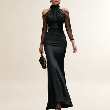 Vestido maxi mujer hombros descubiertos con cuello alto y mangas transparentes