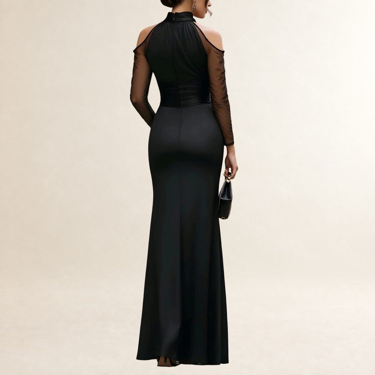 Vestido maxi mujer hombros descubiertos con cuello alto y mangas transparentes
