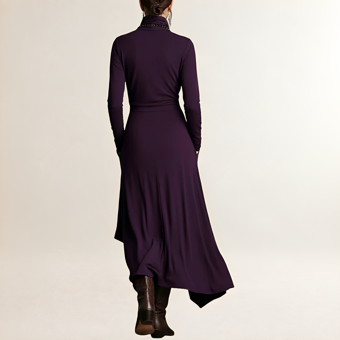 Vestido maxi para mujer con cuello alto, corpiño envolvente drapeado, mangas largas, dobladillo asimétrico en cascada y bolsillos laterales