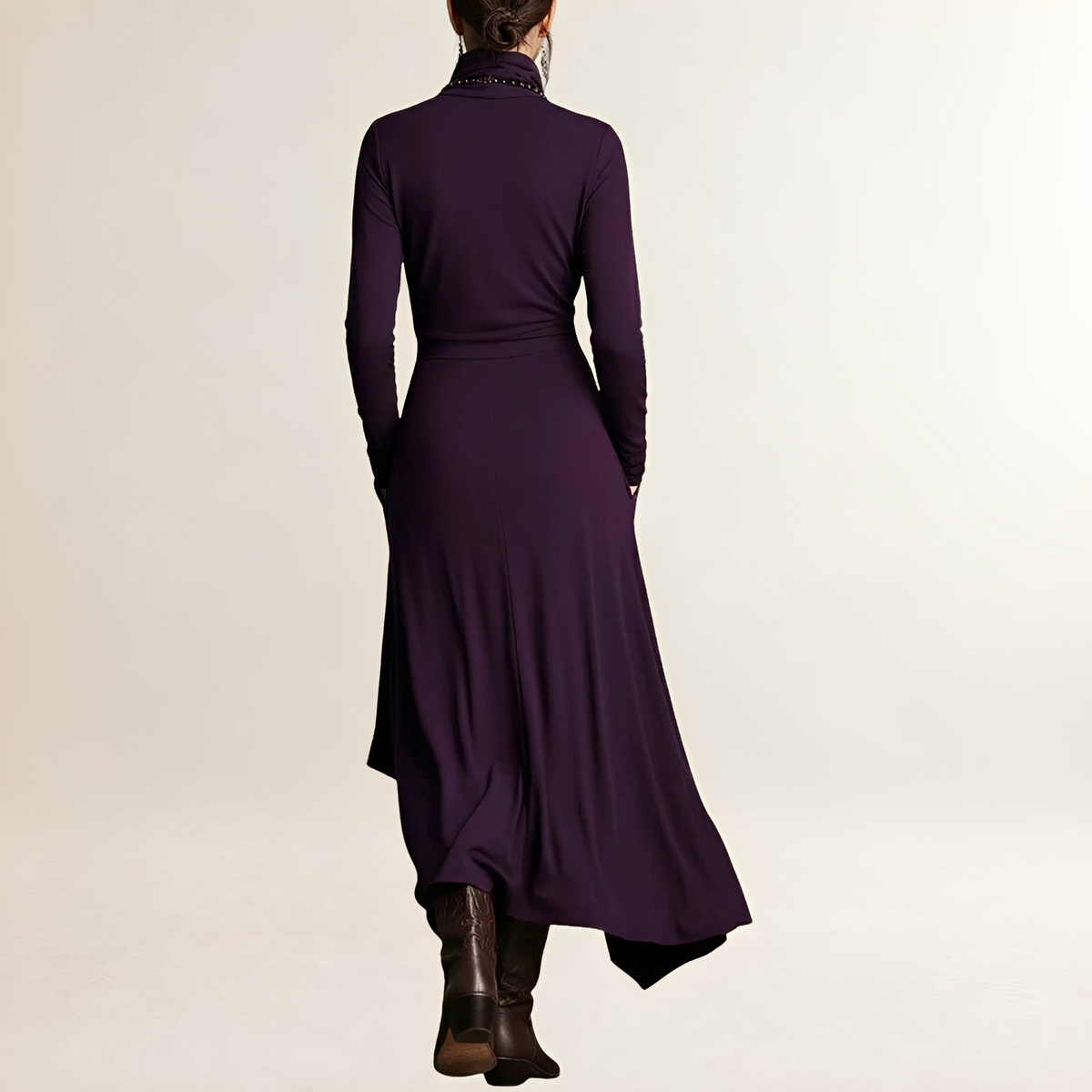 Vestido maxi para mujer con cuello alto, corpiño envolvente drapeado, mangas largas, dobladillo asimétrico en cascada y bolsillos laterales
