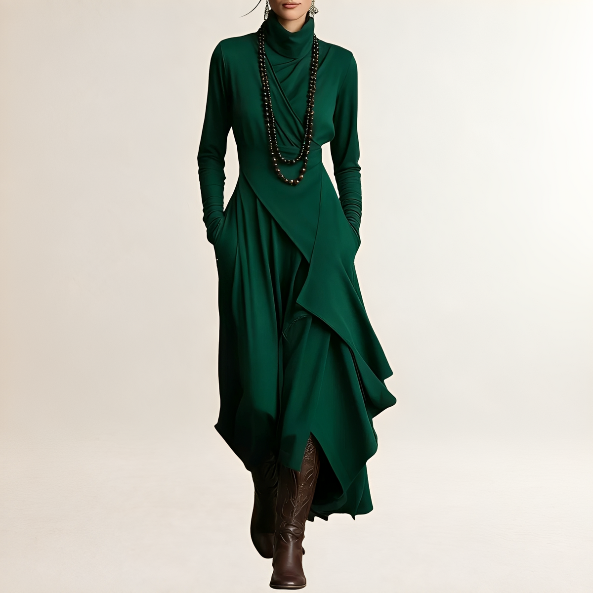Vestido maxi para mujer con cuello alto, corpiño envolvente drapeado, mangas largas, dobladillo asimétrico en cascada y bolsillos laterales