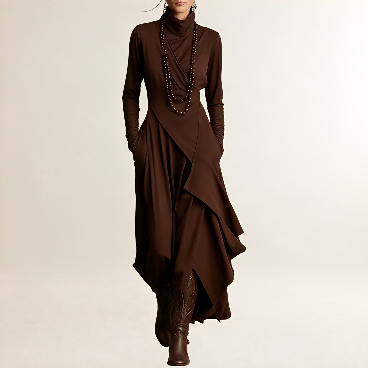 Vestido maxi para mujer con cuello alto, corpiño envolvente drapeado, mangas largas, dobladillo asimétrico en cascada y bolsillos laterales