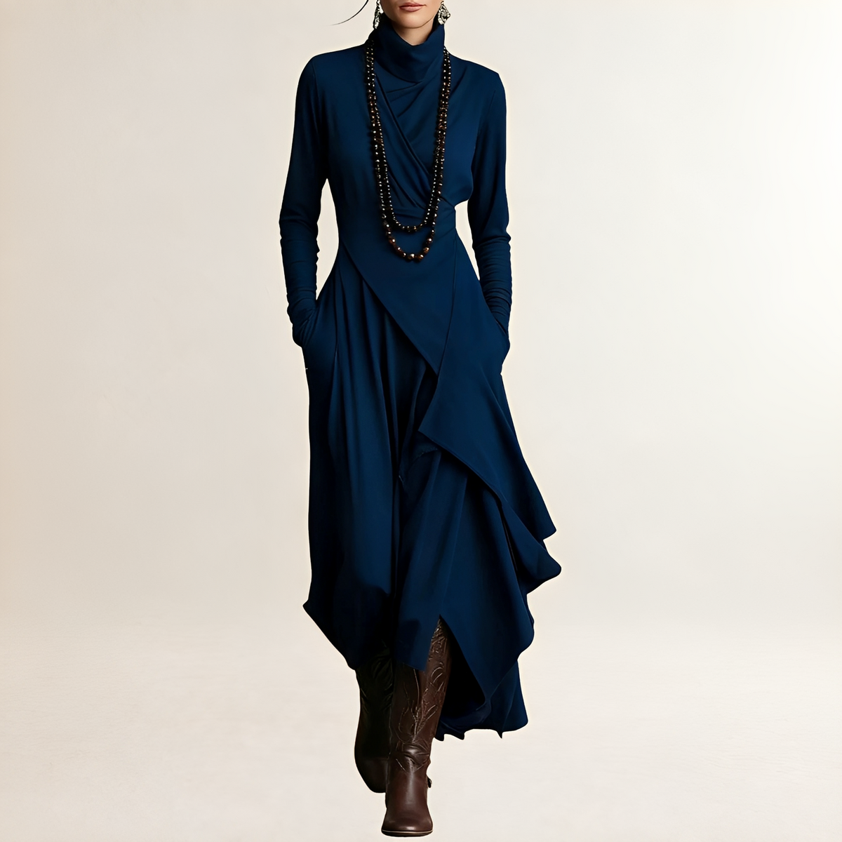 Vestido maxi para mujer con cuello alto, corpiño envolvente drapeado, mangas largas, dobladillo asimétrico en cascada y bolsillos laterales