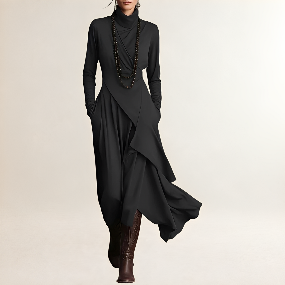 Vestido maxi para mujer con cuello alto, corpiño envolvente drapeado, mangas largas, dobladillo asimétrico en cascada y bolsillos laterales