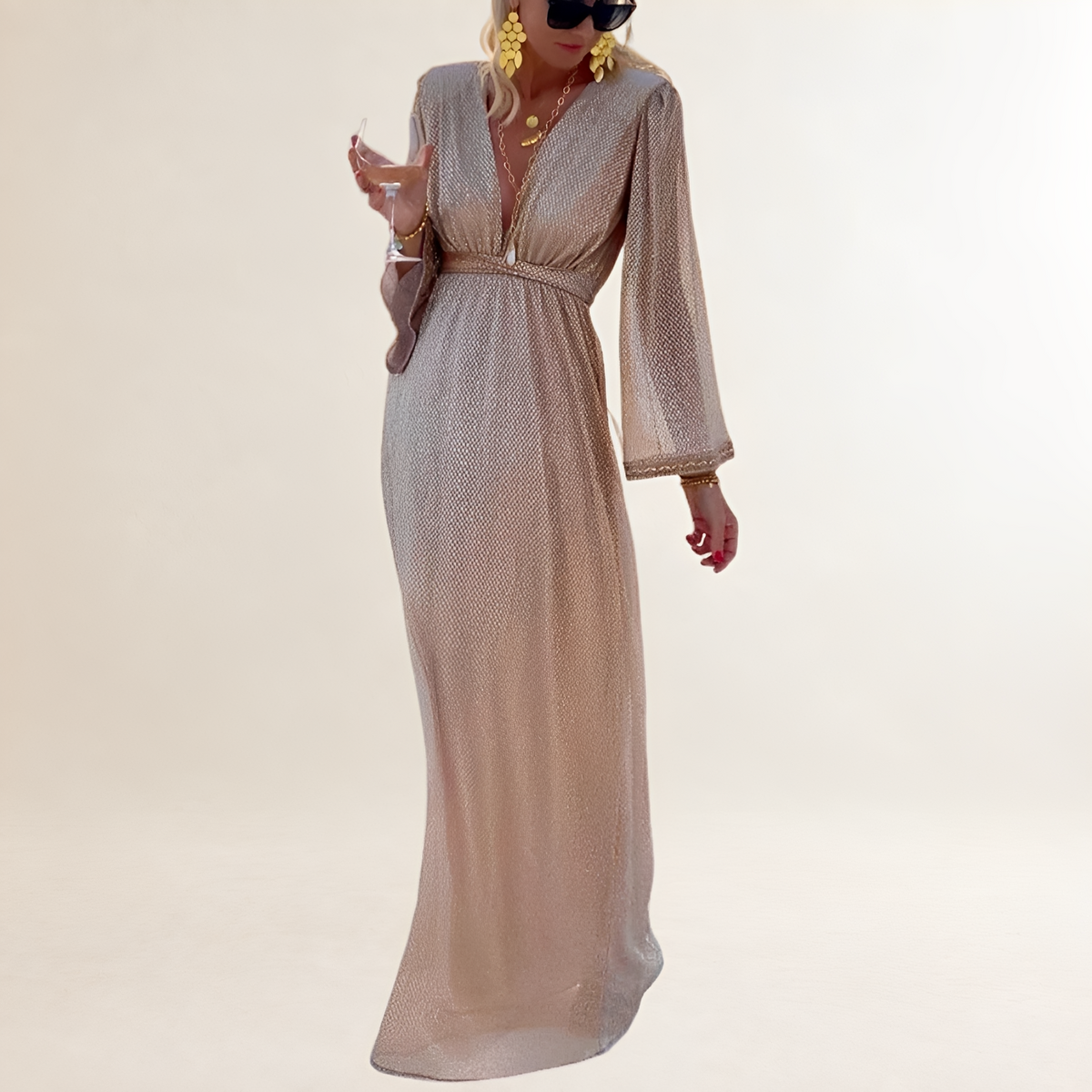 Vestido maxi para mujer con escote en V profundo, mangas largas acampanadas y cintura imperio con brillo sutil