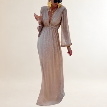 Vestido maxi para mujer con escote en V profundo, mangas largas acampanadas y cintura imperio con brillo sutil