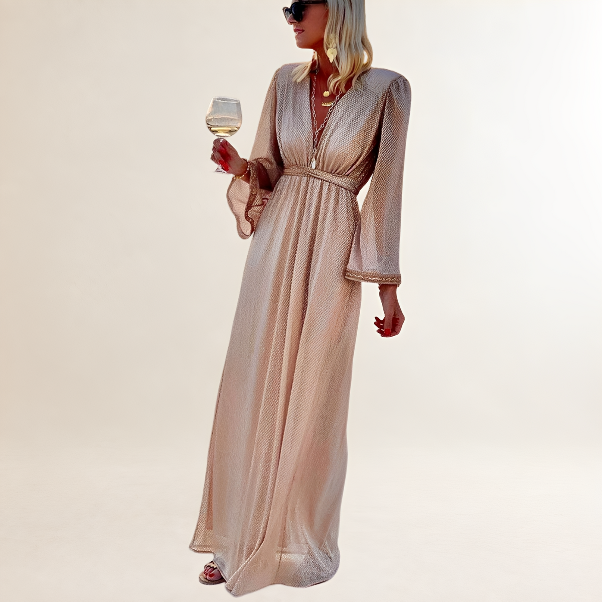 Vestido maxi para mujer con escote en V profundo, mangas largas acampanadas y cintura imperio con brillo sutil