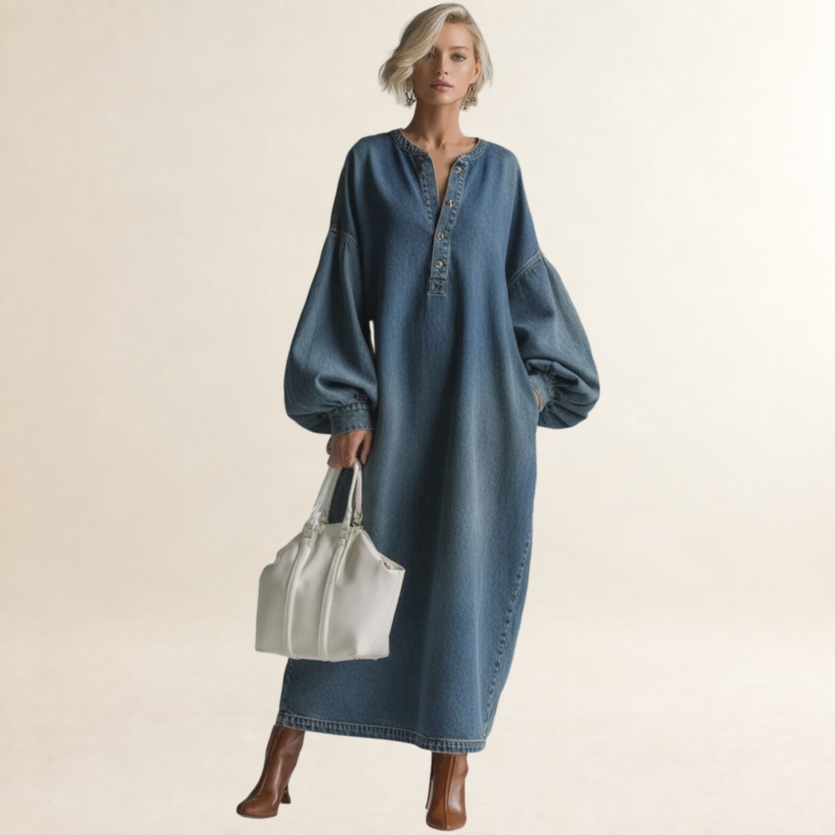 Vestido maxi para mujer de botones y mangas bombilla con silueta relajada
