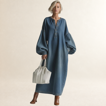 Vestido maxi para mujer de botones y mangas bombilla con silueta relajada