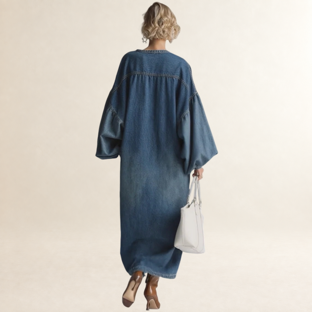 Vestido maxi para mujer de botones y mangas bombilla con silueta relajada