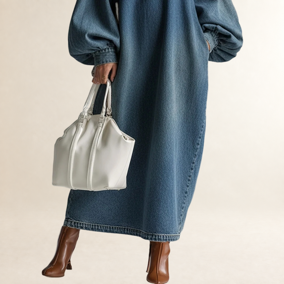Vestido maxi para mujer de botones y mangas bombilla con silueta relajada