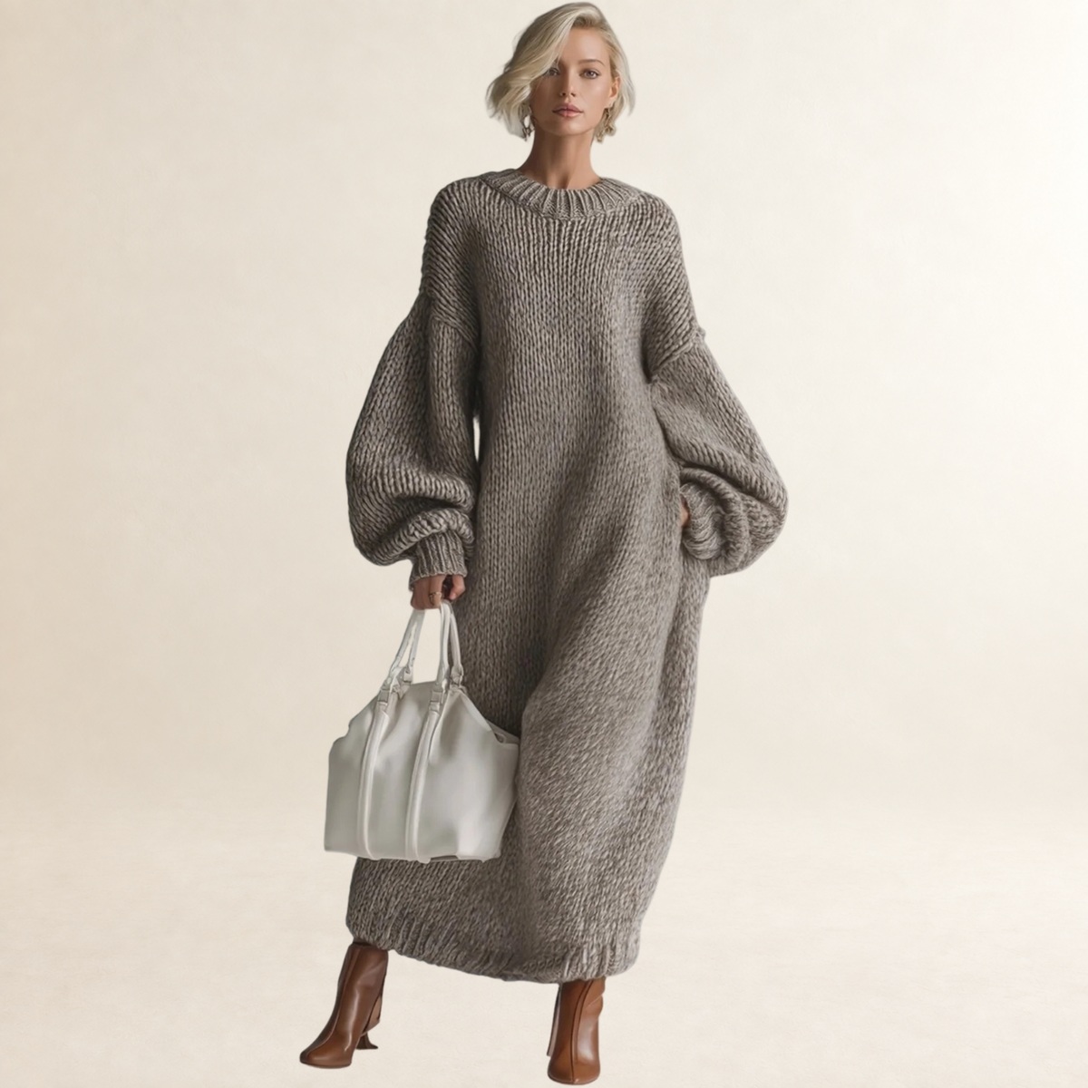 Vestido maxi para mujer de corte oversize con cuello redondo y manga larga