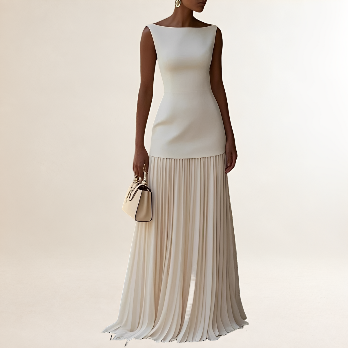 Vestido maxi sin mangas de mujer con cuello barco, cuerpo ajustado y falda plisada hasta el suelo