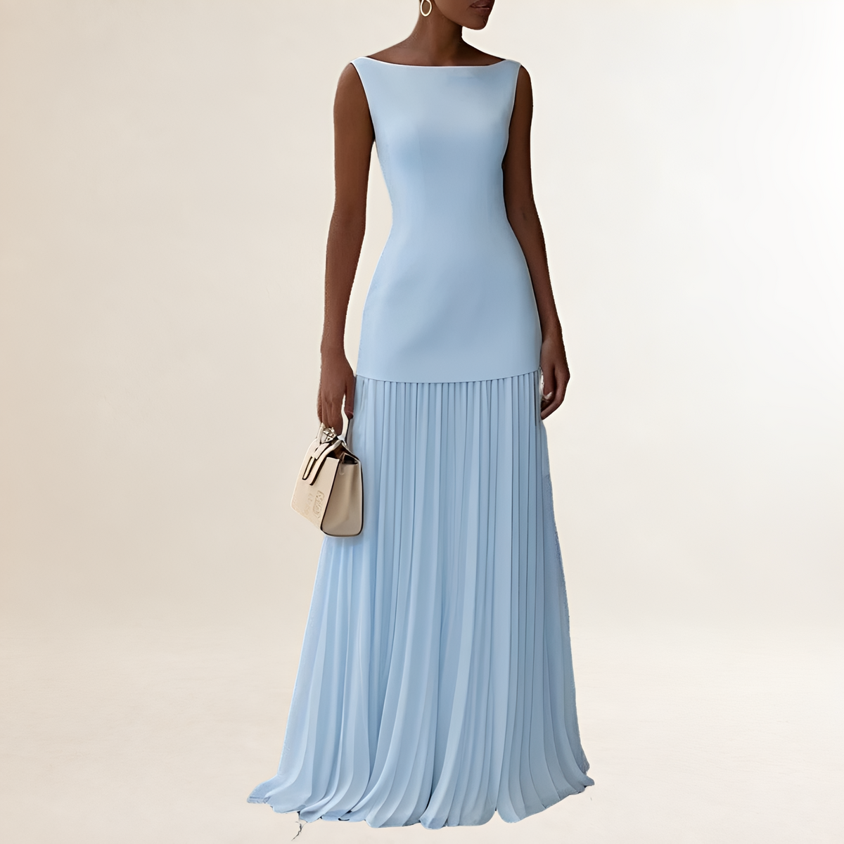 Vestido maxi sin mangas de mujer con cuello barco, cuerpo ajustado y falda plisada hasta el suelo