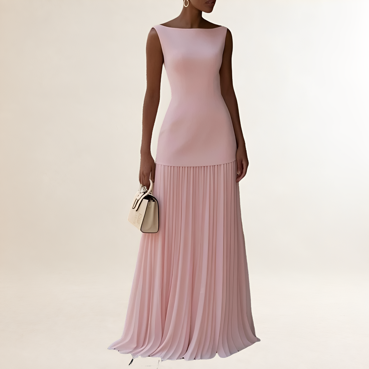 Vestido maxi sin mangas de mujer con cuello barco, cuerpo ajustado y falda plisada hasta el suelo