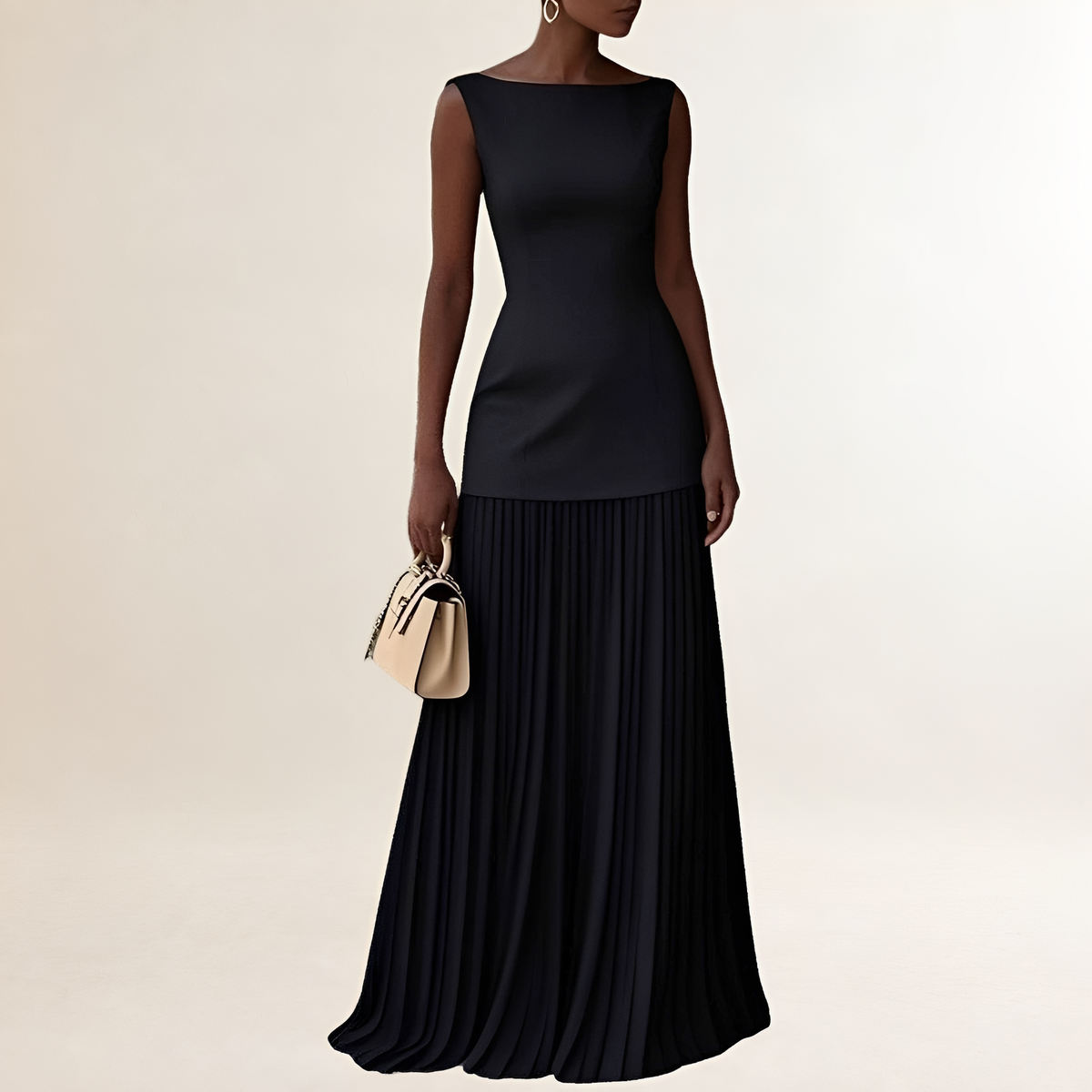 Vestido maxi sin mangas de mujer con cuello barco, cuerpo ajustado y falda plisada hasta el suelo