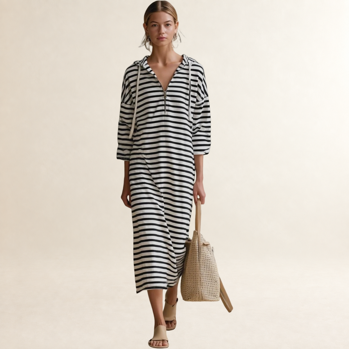 Vestido midi con capucha para mujer con cierre de media cremallera y diseño a rayas