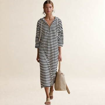 Vestido midi con capucha para mujer con cierre de media cremallera y diseño a rayas