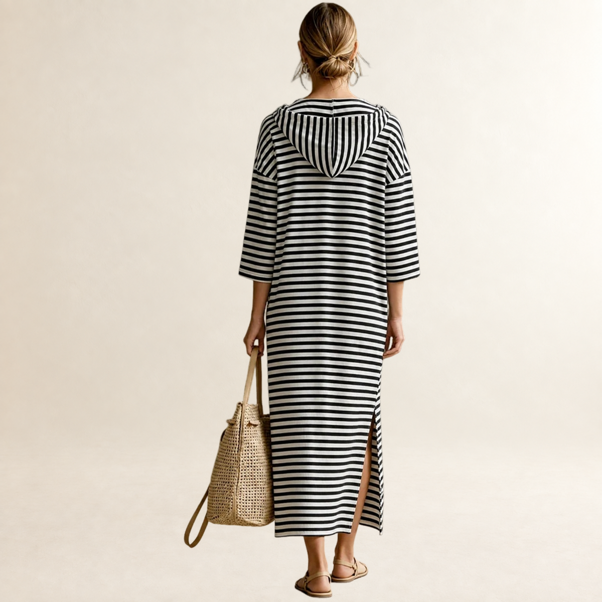 Vestido midi con capucha para mujer con cierre de media cremallera y diseño a rayas
