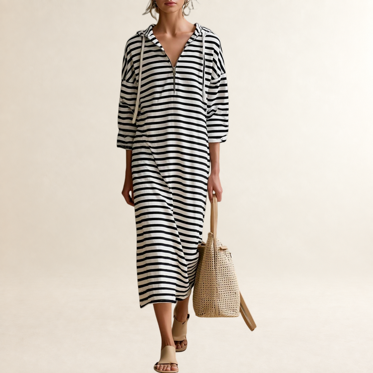 Vestido midi con capucha para mujer con cierre de media cremallera y diseño a rayas