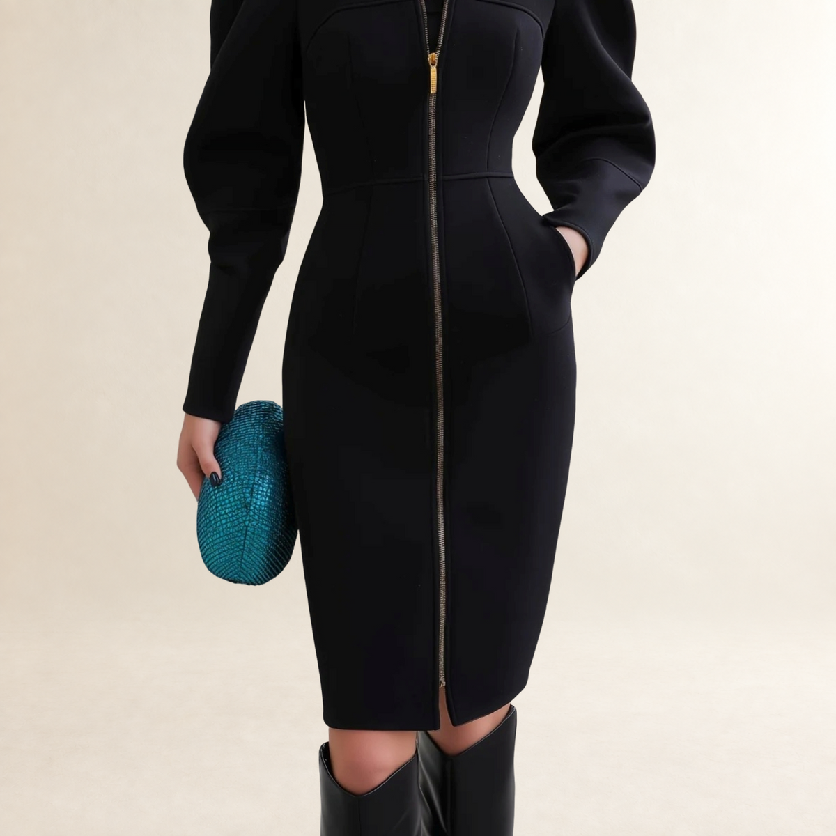 Vestido midi de manga larga para mujer con mangas abullonadas y cremallera frontal