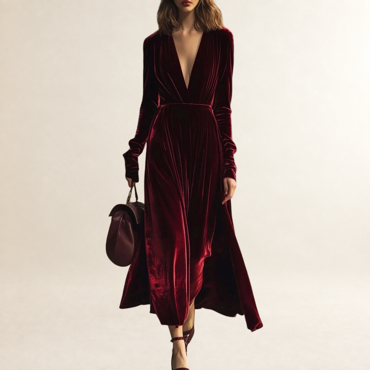 Vestido midi de mujer con escote en V manga larga plisado silueta ajustada