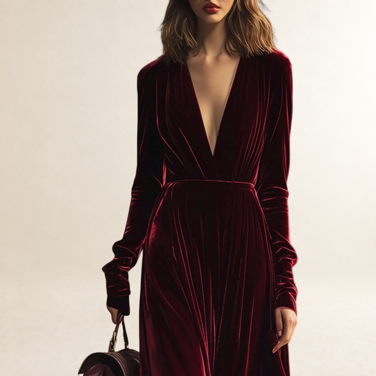 Vestido midi de mujer con escote en V manga larga plisado silueta ajustada