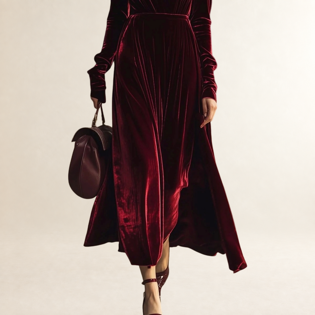 Vestido midi de mujer con escote en V manga larga plisado silueta ajustada
