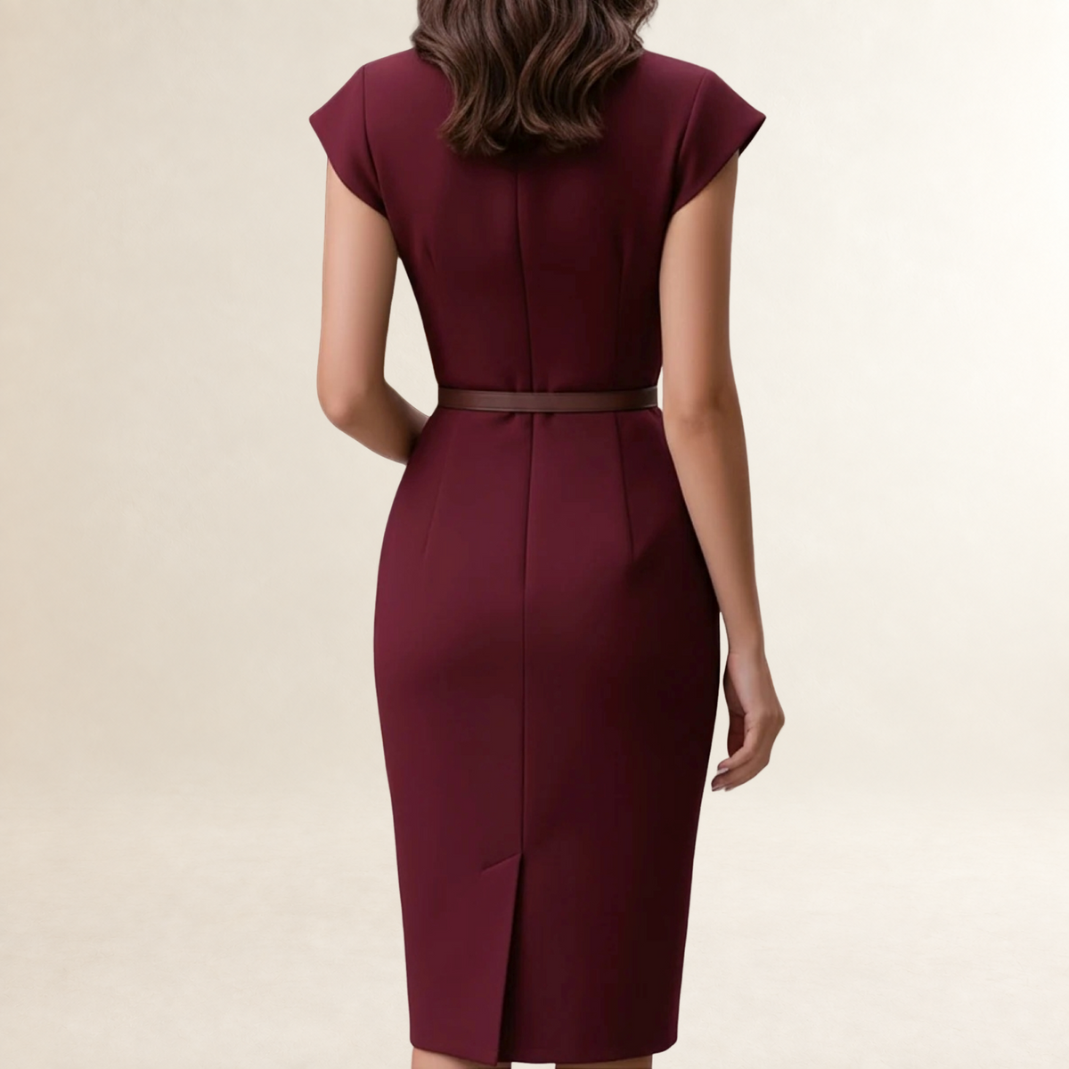 Vestido midi de mujer de manga corta con escote en V profundo y cinturón en cintura