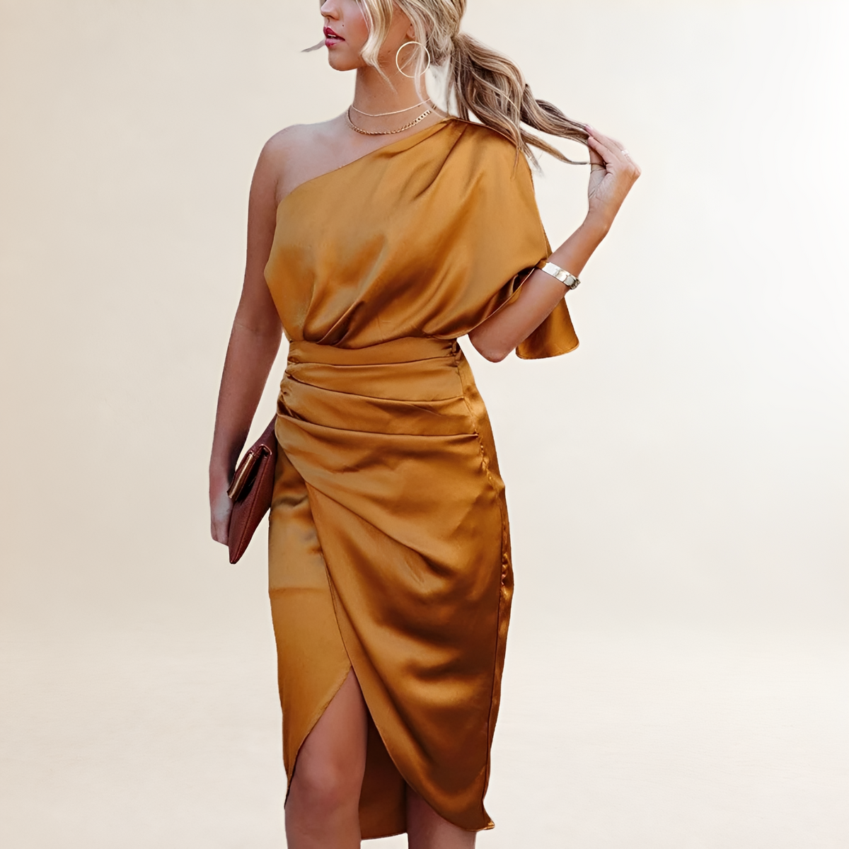 Vestido midi de un solo hombro con drapeado y cintura fruncida, abertura frontal