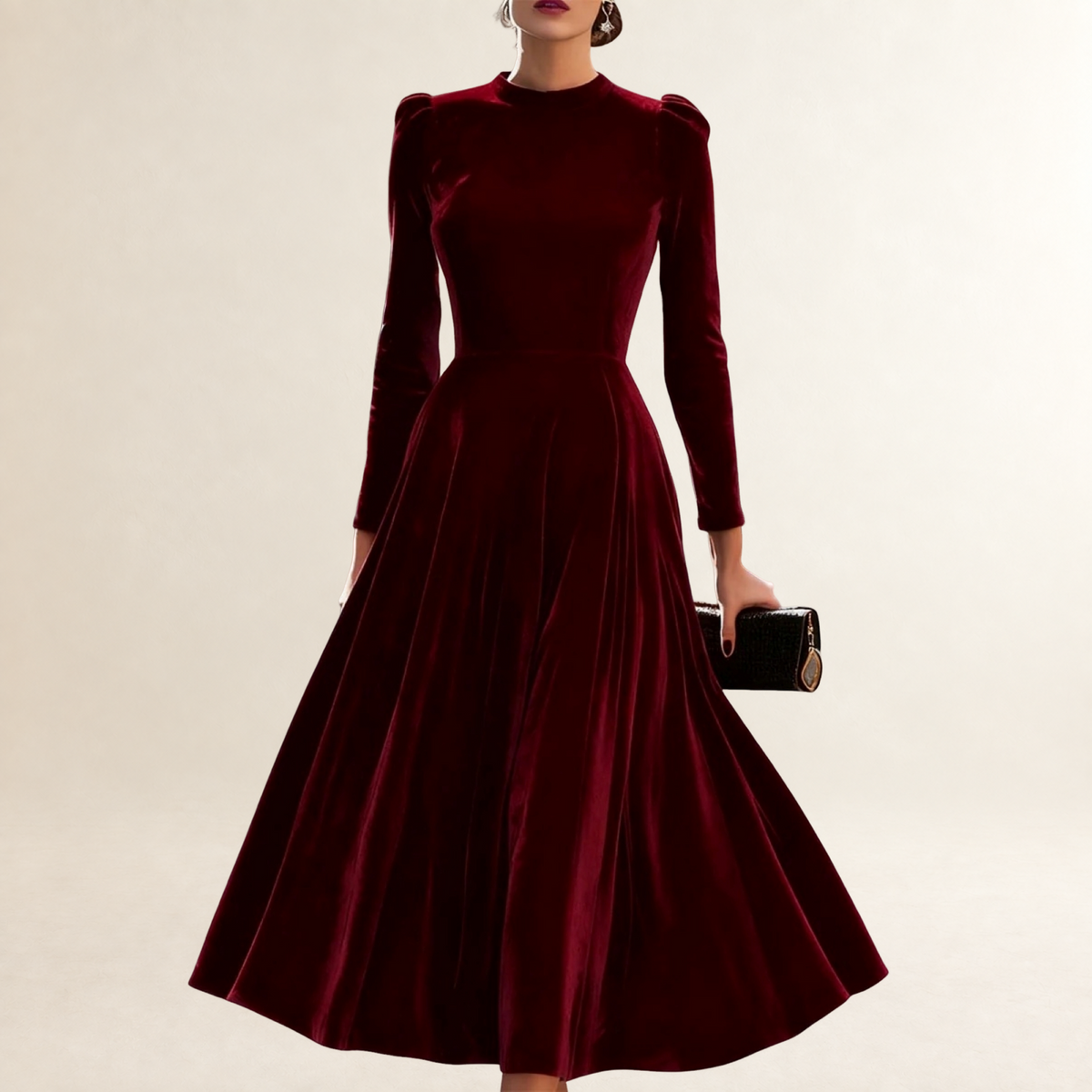Vestido midi mujer de manga larga con escote modesto y falda acampanada