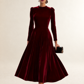 Vestido midi mujer de manga larga con escote modesto y falda acampanada