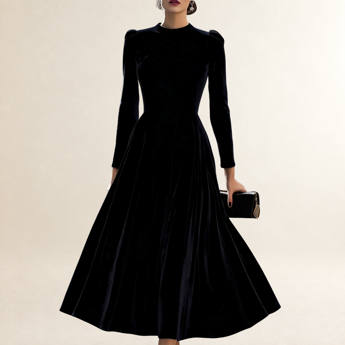 Vestido midi mujer de manga larga con escote modesto y falda acampanada