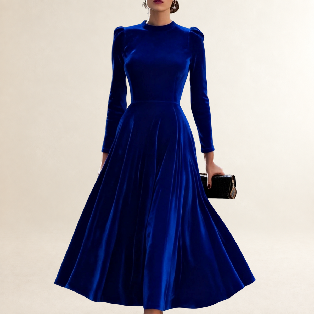 Vestido midi mujer de manga larga con escote modesto y falda acampanada