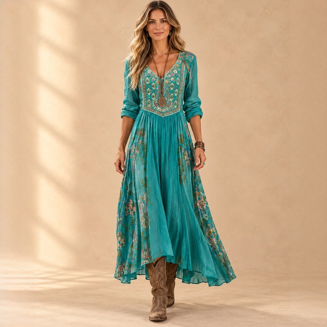Vestido midi para mujer con escote en V y mangas largas – estampado boho floral patchwork, corte relajado