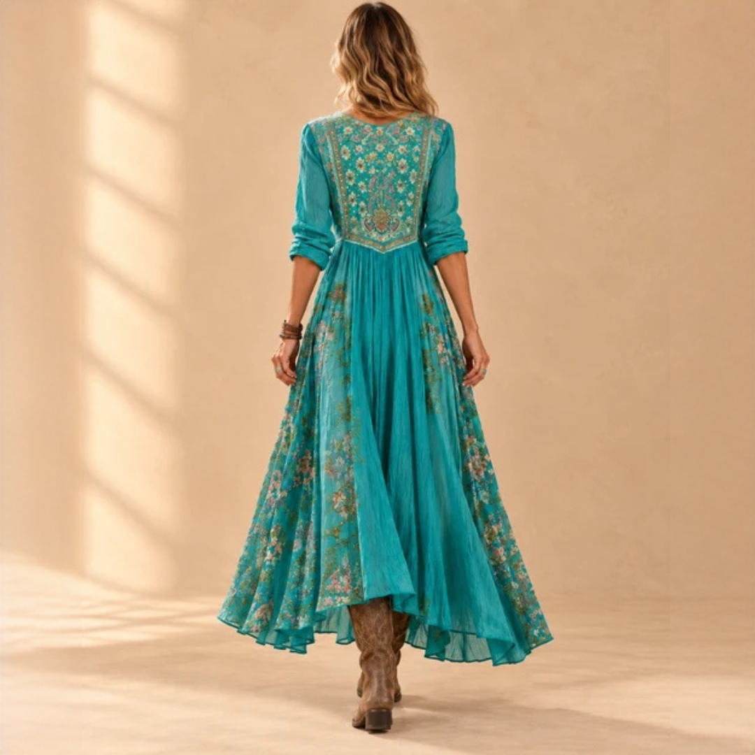 Vestido midi para mujer con escote en V y mangas largas – estampado boho floral patchwork, corte relajado