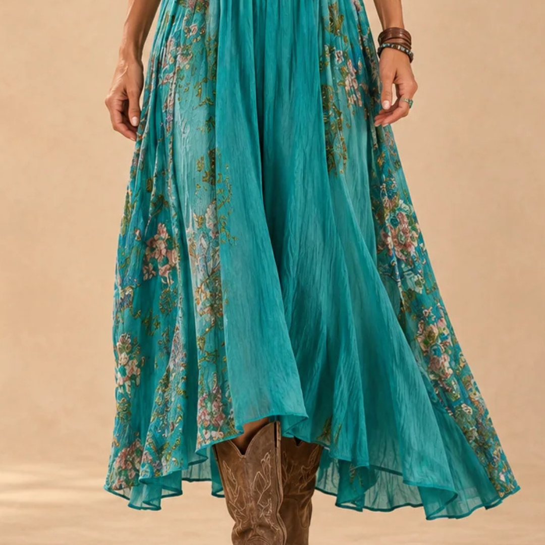 Vestido midi para mujer con escote en V y mangas largas – estampado boho floral patchwork, corte relajado
