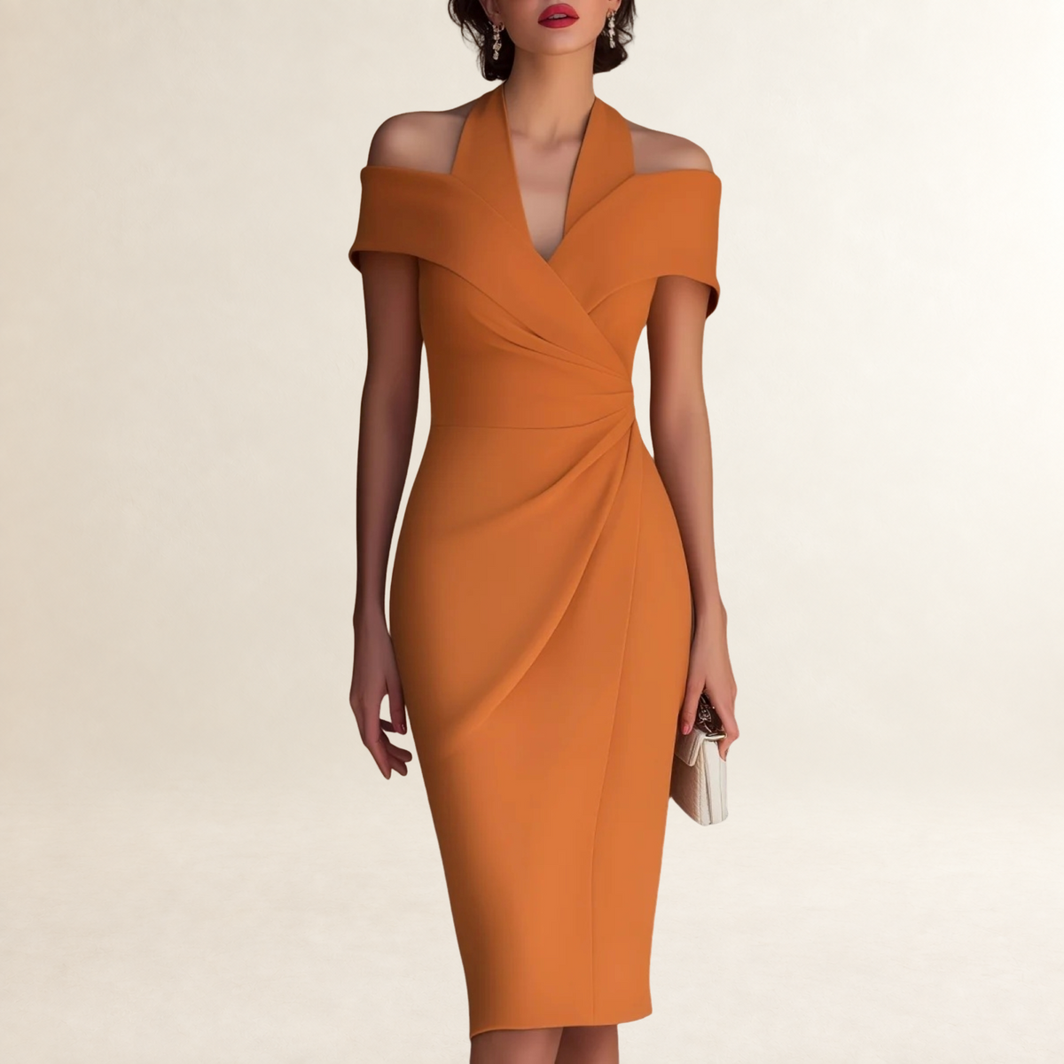 Vestido midi para mujer con escote off-shoulder y cinturilla drapeada
