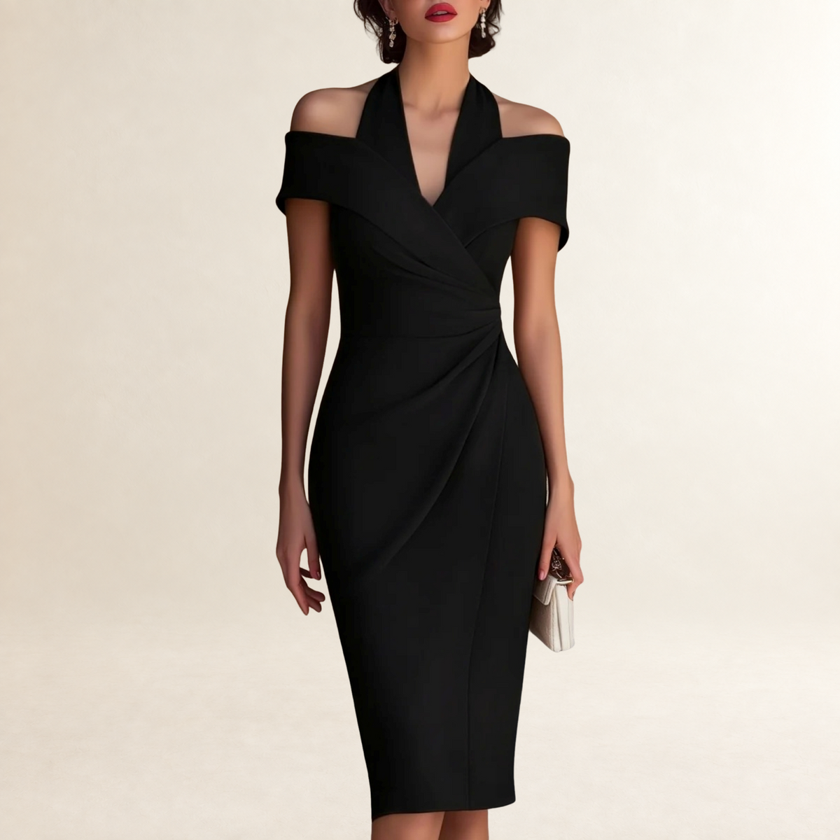 Vestido midi para mujer con escote off-shoulder y cinturilla drapeada