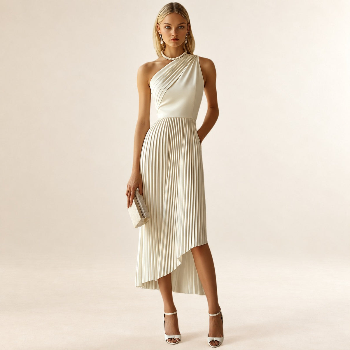 Vestido midi para mujer con un hombro, falda plisada y dobladillo alto-bajo