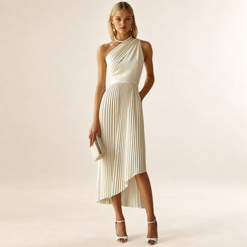 Vestido midi para mujer con un hombro, falda plisada y dobladillo alto-bajo