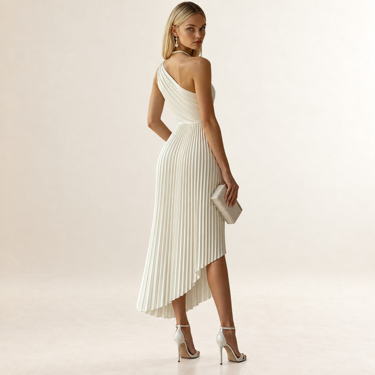 Vestido midi para mujer con un hombro, falda plisada y dobladillo alto-bajo