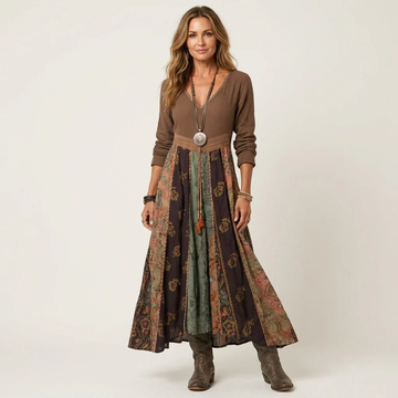 Vestido mujer escote en V manga larga midi, cintura imperio, falda con paneles patchwork, corte relajado